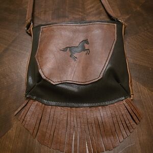 Tobaccoand Brown Leather Fringe Bag 10 X 9 INCH
